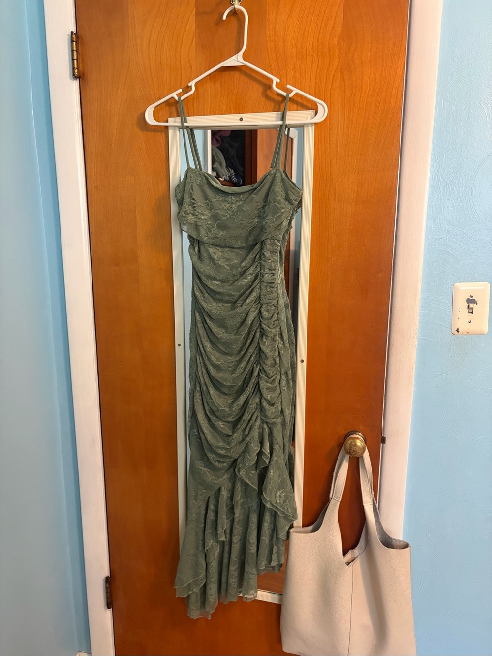 Windsor Olive Green Lace Ruched High-Low Dress